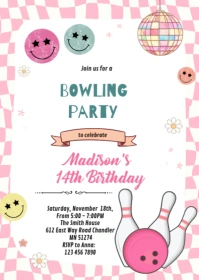 Groovy bowling birthday party invitation A6 template