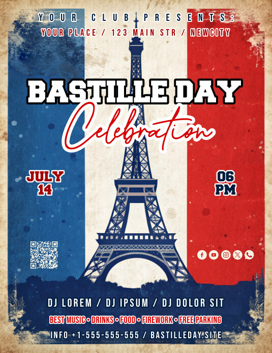 Grunge Bastille Day Celebration Event Flyer ( Ulotka (US Letter) template