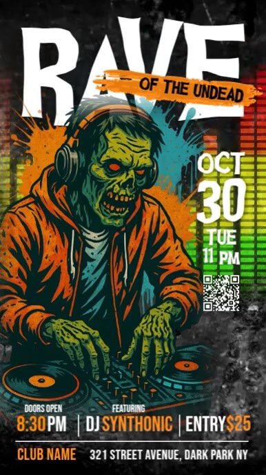 Grunge Illustrative Rave of the Undead Halloween Party Flyer Template ...