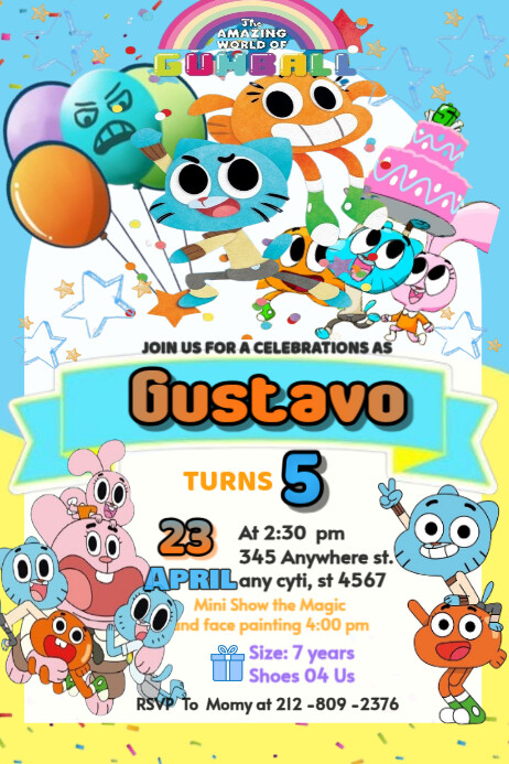 Gumball  the amazing World of Gumball invitation happy Brithday party celebration Cartaz template