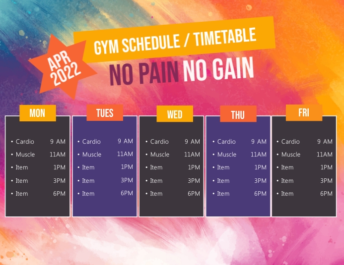Gym Timetable Template Gym Timetable Template