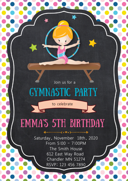 Gymnastic birthday party invitation Template | PosterMyWall
