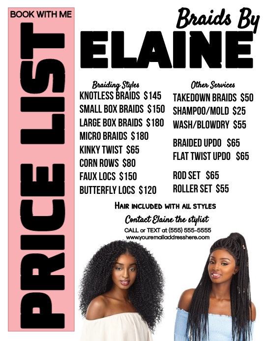 Braiding Price Guid Hair Braiding Price List Flyers Template | PosterMyWall