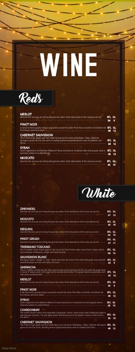 half page wine menu RED AND WHITE Letter pół strony template