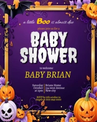 Halloween baby shower spooky pumpkin invitations editable purple gold flyer template poster design Instagram Portrait
