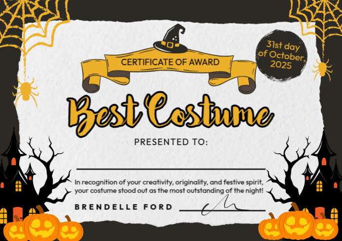 Halloween Best Costume Award Certificate Template | PosterMyWall