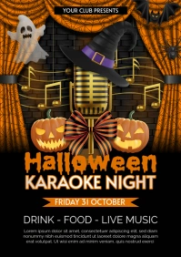 halloween karaoke night poste with mic with witch hat, pumpkins and curtain with spiderweb A4 template
