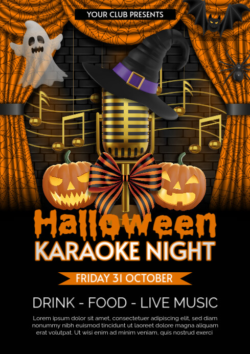halloween karaoke night poste with mic with witch hat, pumpkins and curtain with spiderweb A4 template