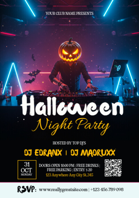 Halloween Night Club Party Poster Template – Spooky DJ Event Flyer ...