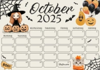 Halloween October Calendar 2025 Printable Fre A4 template