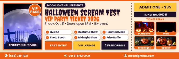 Halloween Party Event Ticket Vip Pass Template | PosterMyWall