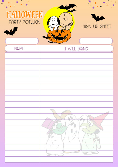 Halloween Party Potluck Sign up Sheet Snoopy A4 template