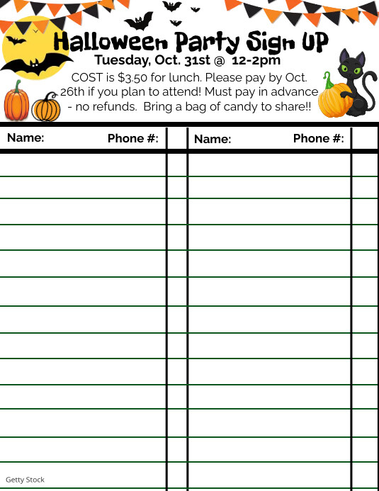 Halloween Party Sign up sheet flyer poster Pamflet (VSA Brief) template