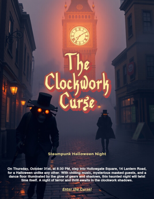 Plantilla de Halloween Steampunk Mask Flyer – The Clockwork Curse ...