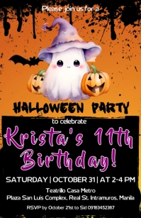 Halloween themed Birthday Party Invitation Half Page Wide template