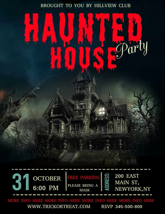 Halloween video template, haunted house party Ulotka (US Letter)