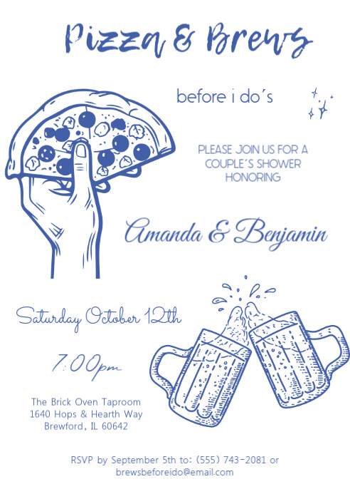 Hand-Drawn  Pizza and Brews Before I Do Invitation A6 template
