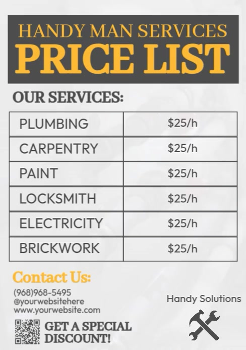 Handyman Services Price List A4 template