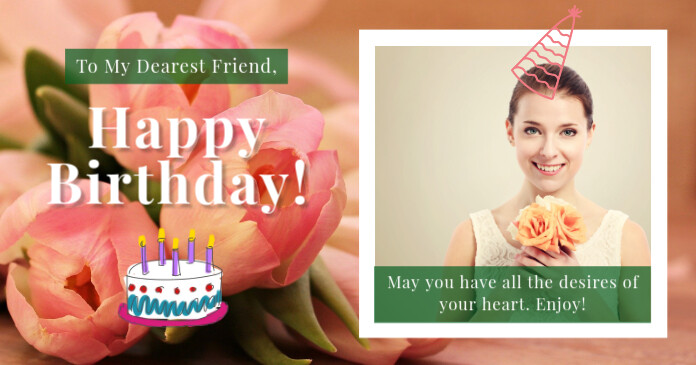 Happy Birthday Card with flowers and photo Obraz udostępniany na Facebooku template