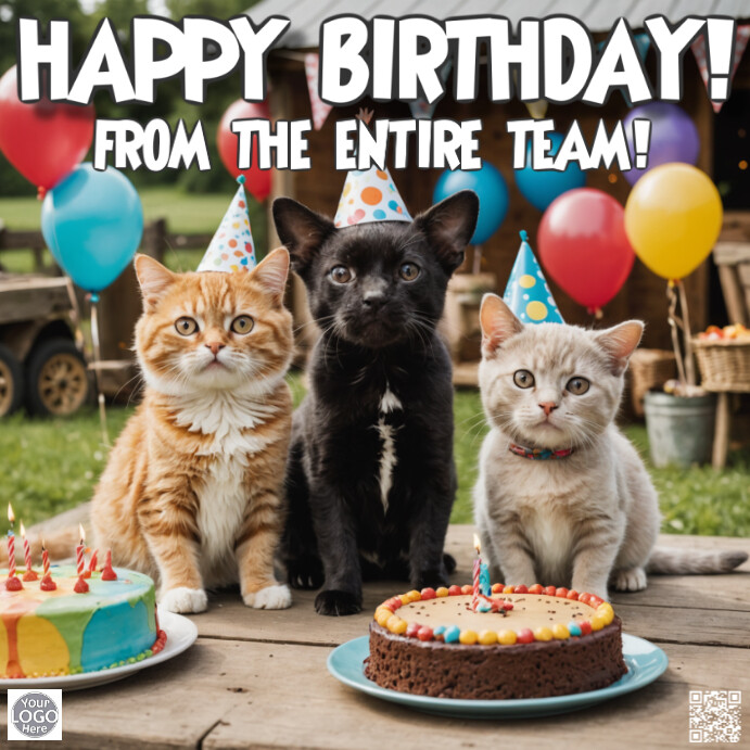 Happy Birthday from the entire team! part cats with cake and balloons cute Publicação no Instagram template