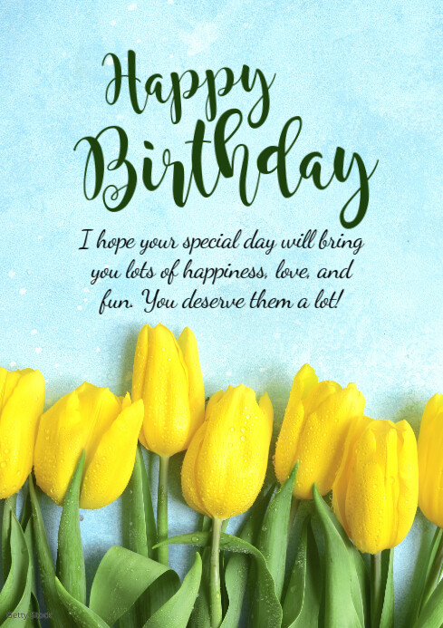 Happy Birthday Greeting Card Flowers Wishes A4 template