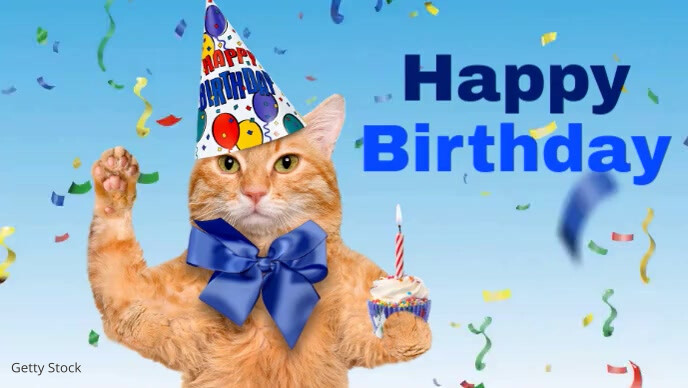 Happy Birthday Video Party Cat With Hat Wish Видеообложка профиля Facebook (16:9) template