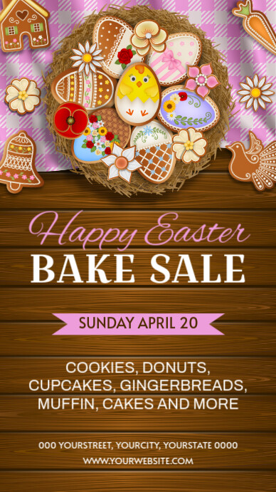 happy easter bake sale with gingerbread cookie in a nest on wooden table with pink   tablecloth Instagram-verhaal template