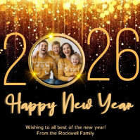 Happy New Year 2026 Family Photo Card Template | Gold Glitter New Year Greeting Design Instagram Post