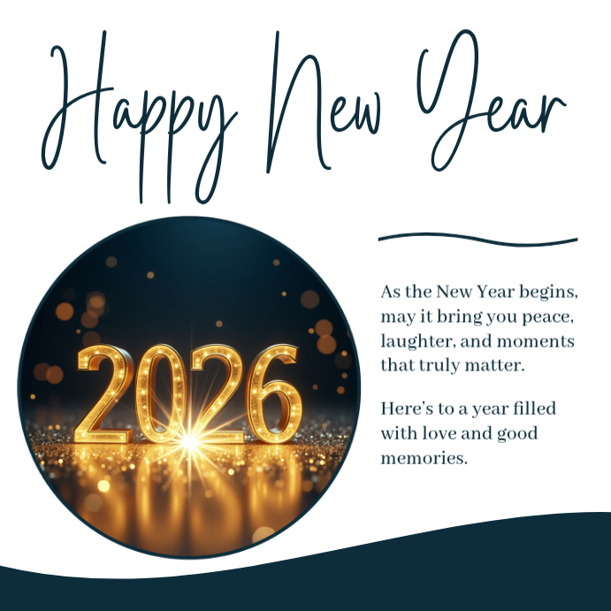 Happy New Year 2026 Gold Sparkle Circle Greeting Card Modern Dark Blue ...