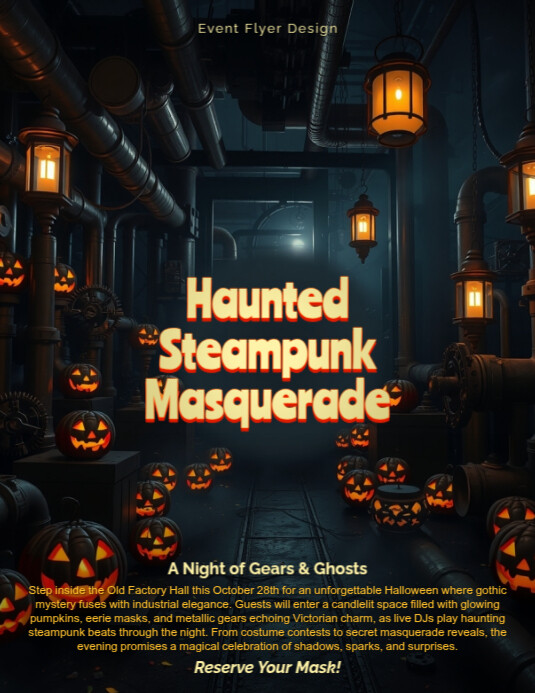 Haunted steampunk masquerade Halloween party flyer design template ...