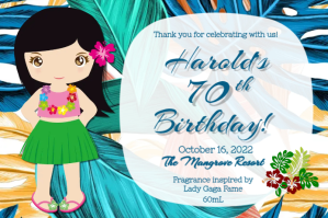 hawaiian 70th birthday souvenir perfume label Etiket template