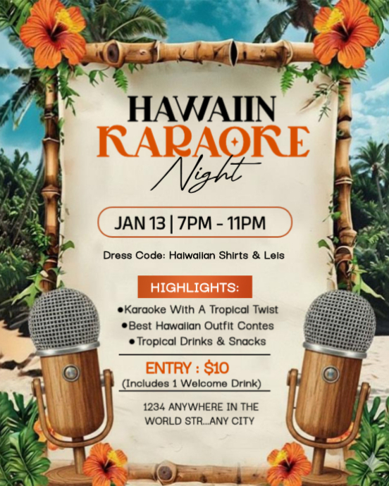 Hawaiian Karaoke Night Flyer - Tropical Theme Party with Outfit Contest, Drinks & Luau Vibes Templat Template | PosterMyWall Hawaiian Karaoke Night Flyer - Tropical Theme Party with Outfit Contest, Drinks & Luau Vibes Templat Template | PosterMyWall