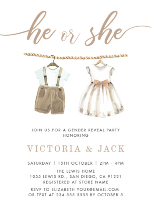 He or She Neutral Baby Clothes Gender Reveal Invitation Design Template ...