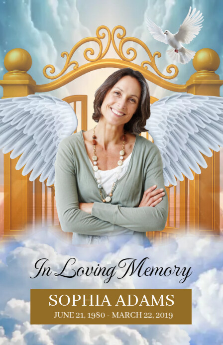 Heavenly Funeral Announcement Card Halfbladsy Breed template