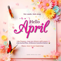 Hello April Floral Butterfly Flyer Template | Happy New Month Poster | Spring Flowers Greeting Desig Square (1:1)