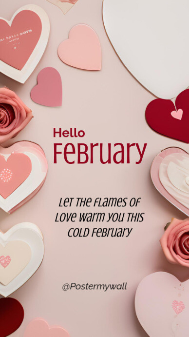 Hello February Greeting floral pattern Welcome February Greetings love theme Instagram story template