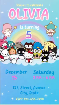 Hello Kitty and Gang invitation Birthday animated Instagram na Kuwento template