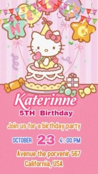 Hello Kitty Birthday video invitation.. Pantalla Digital (9:16) template