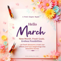 Hello March Spring Floral Quote Template | Elegant Pink Blossom Social Media Post Design Video Squar Square (1:1)