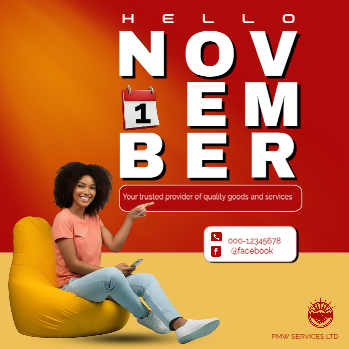 Hello November Social Media Post Template | Bold Red Monthly Greeting Design for Business Promotion