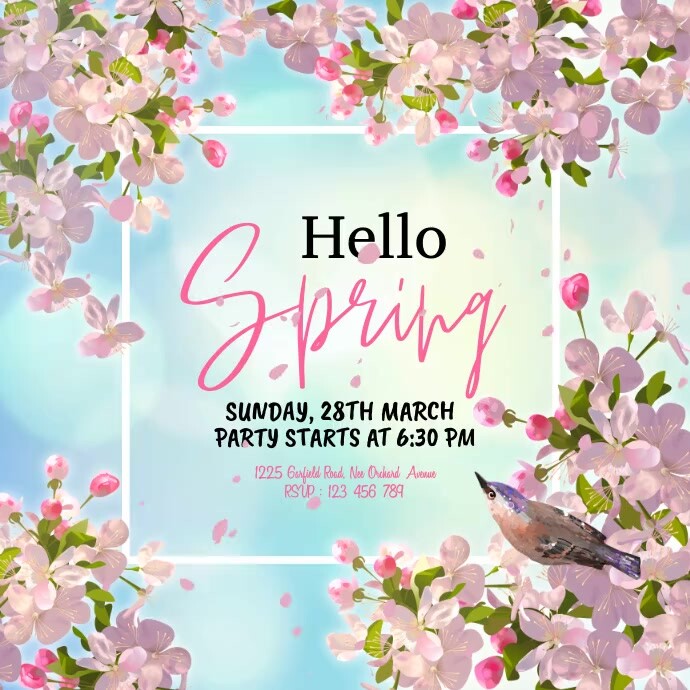 hello spring, spring, spring party โพสต์บน Instagram template