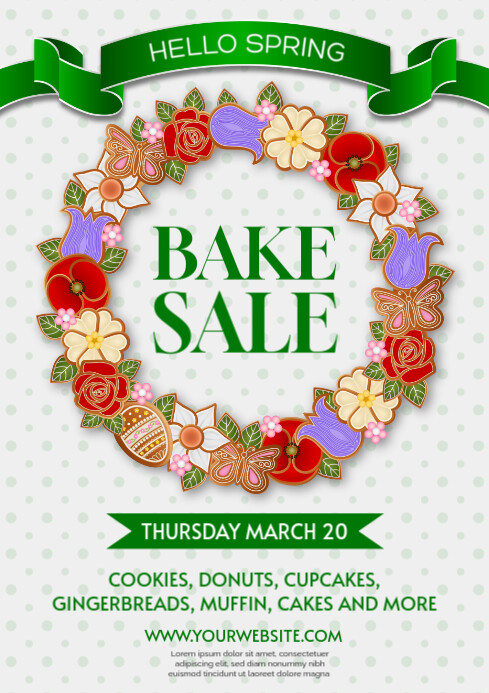 Copy of hello spring bake sale poster with flower shaped cookies wreath ...