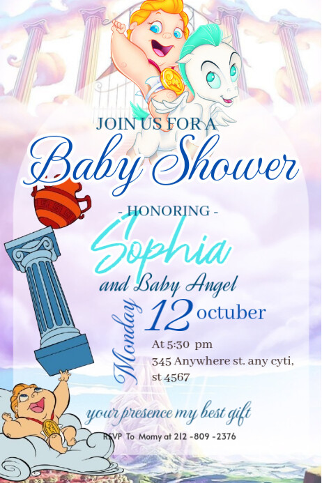 Hercules baby shower invitation celebration happy Brithday party temple flayer editablet celebration Cartaz template