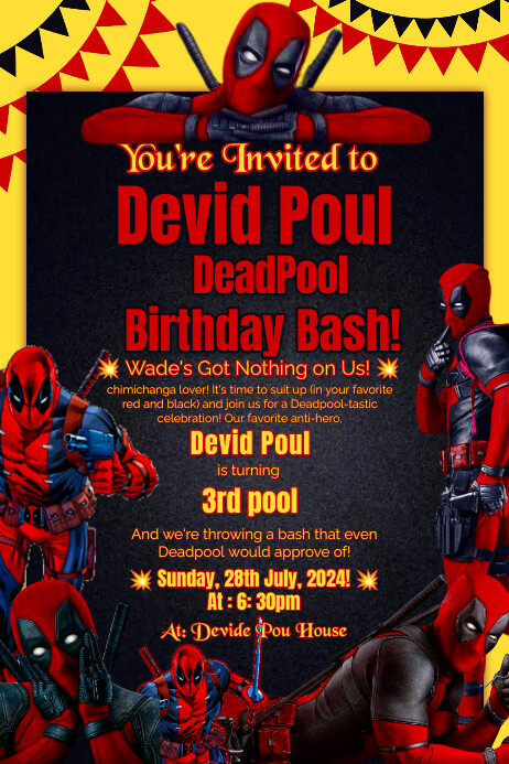 Heros Birthday Invitation , DeadPool Theme Bi Poster template