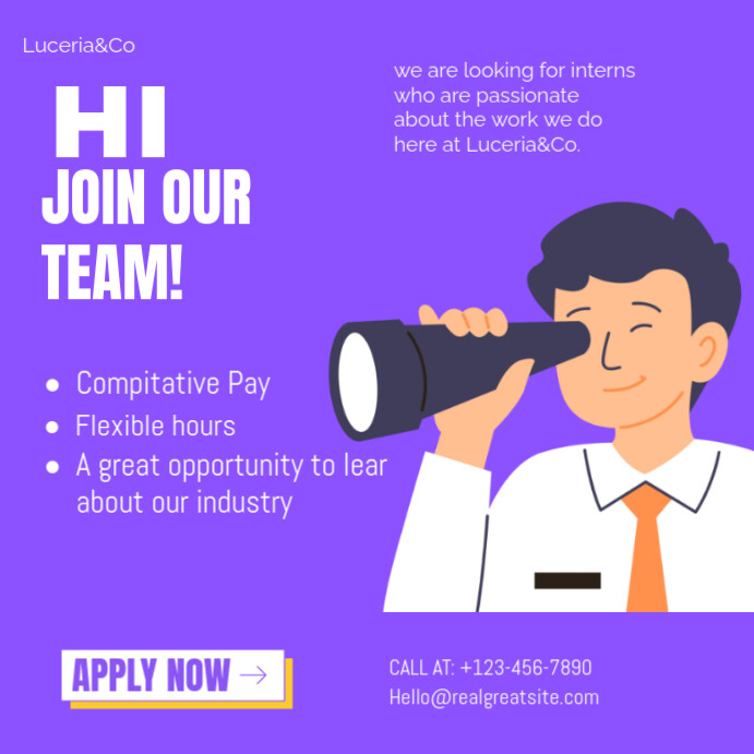 hi we are looking new internes to join us at good pay and flex hours Instagram Post template
