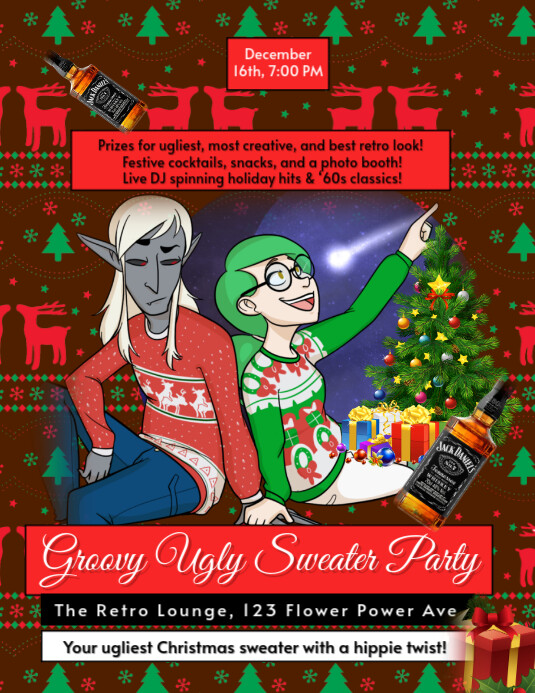 Hippie Retro Ugly Christmas Sweaters Party Flyer Template