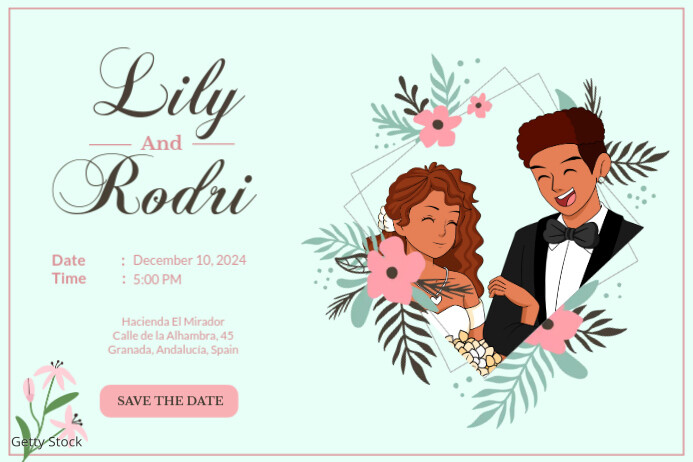 Hispanic Couple Illustrated Wedding Invitation Poster template