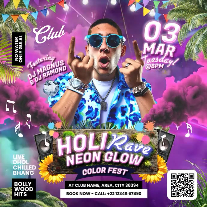 Holi Neon Rave Party Template | PosterMyWall