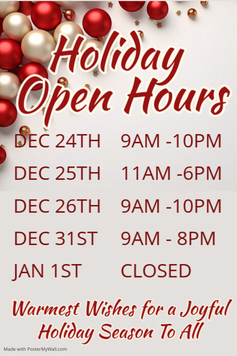 Holiday Shift Sign Holiday Business Open Hours Door Sign Poster Template | PosterMyWall