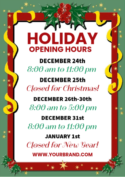 Weekend Opening Hours Holiday Opening Hours template Poster Flyer | PosterMyWall